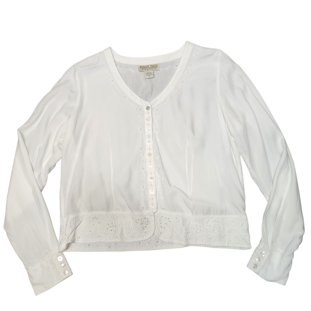 Y2K Top Long Sleeve Cottagecore Fairy White Embroidered Lace‎ Boho Indie Crop S